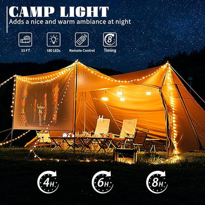 Solar Camping Lights 180LEDs 33FT,Rechargeable 4 in1 Camping String Lights with13 Modes&Timer,Waterproof Christmas Twinkle Lights for Tent,Yard,Outdoor,Garden,Hiking,Travel Decor