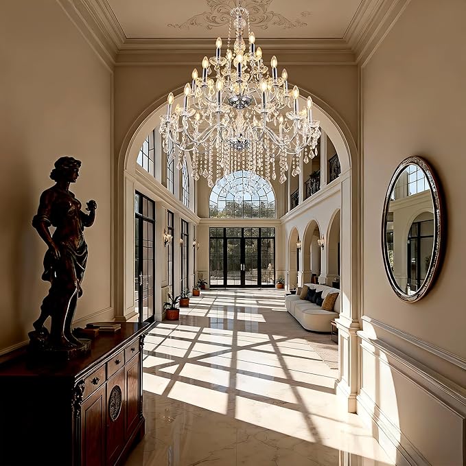 Wellmet Chrome Chandelier Light Fixture, Luxury Maria Theresa Crystal Chandeliers for High Ceiling Foyer, 24 Lights Hanging Pendant Light for Living Room EntryWay Hall Staircase Large 35.66"
