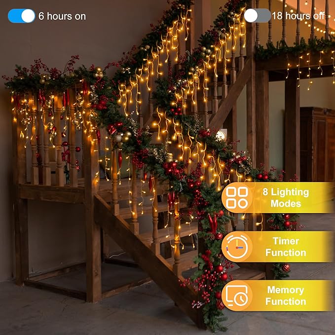 1296LED Christmas Lights with 288 Drops, 131ft 8 Modes Christmas String Lights Outdoor, Waterproof Christmas Decorations Fairy Lights with Timer Memory for Xmas Party Patio Window Fence Warm White