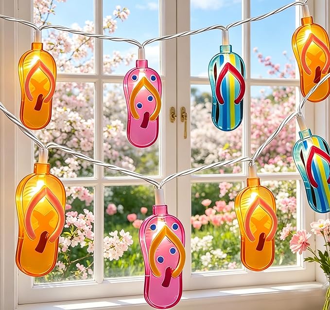 LED Tropical Beach Flip Flop String Lights, 8.5Ft Slipper String Lights Plug in with 10 Multicolor Bulbs, Summer Hawaiian Themed Decorative Lights Camping Tent Holiday Party Garden Outdoor Decor