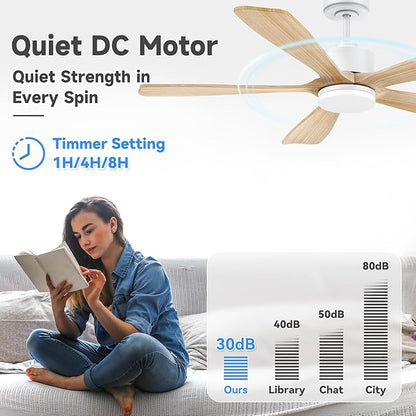 52 Inch Smart Ceiling Fan with Lights, Alexa/Google Voice Control, Quiet DC Motor, 6-Speed, Solid Wood Blades, Dimmable LED, 1-12H Timer, App & Remote Control, Modern Ceiling Fan for Bedroom, Patio