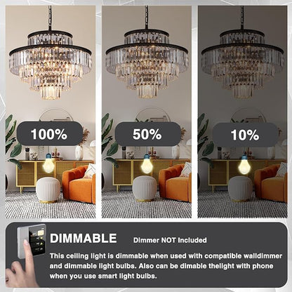 Black Modern Crystal Chandelier Pendant Ceiling Lights Chandeliers Lighting Fixture for Dining Living Room Foyer Hallway 13-Lights (Dia 24 Inch)