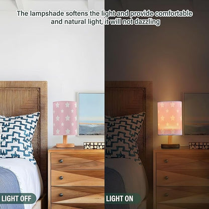 Table Lamp Pastel Pink Pattern with Star Nightstand Lamp with Wood Base Fabric Lamp Shade Bedside Desk Lamp for Living Room Bedroom Kids Room Office