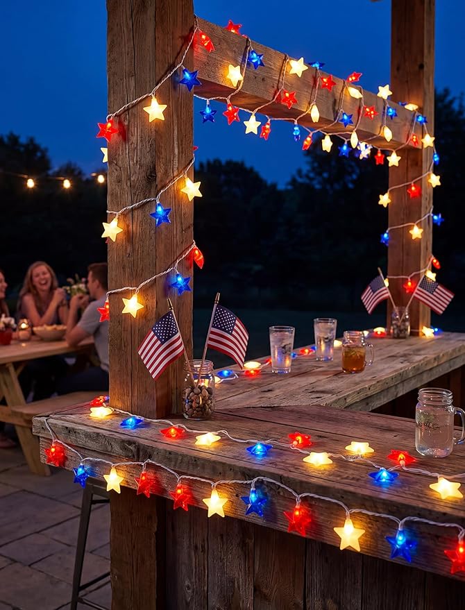 8.5Ft Red White and Blue Lights, 4th of July String Lights Plug in with 10 Five Star LED Bulbs, Fourth of July Decorations for Independence Day Patriotic Party, White Wire