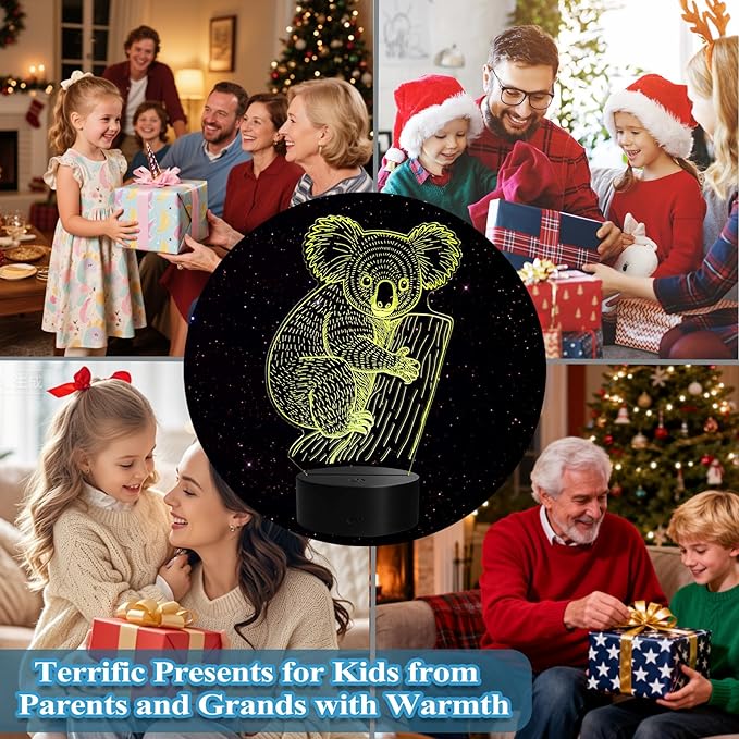 Koala Night Light, Koala Gifts, 3D Illusion Lamp with Remote Control, 16 RGB Colors, 4 Flashing Modes, Timer, Dimmable, Cute Animal for Decor for Holiday Birthday Christmas