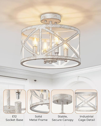 Semi Flush Mount Ceiling Light Fixture, Farmhouse Modern 4-Light Chandelier with X-Shape Cage, Industrial Rustic Ceiling Lamp for Kitchen, Entryway, Dining Room, Bedroom, Hallway, Laundry Room, White