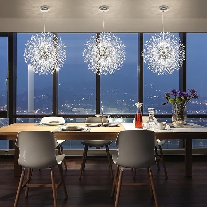 Qamra Modern Crystal Chandeliers, Chrome Firework Dandelion Sputnik Chandelier Light Fixture Pendant Lighting for Dining Room, Bedroom, Kitchen, Living Room(9-Light, Chrome)