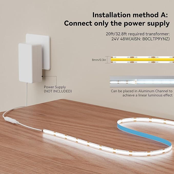 MIWISE COB LED Strip Light,24V Daylight White 6000K LED Strip Lights,32.8ft UL-Listed Super Bright Flexible LED Strip,High Density Cuttable for Cabinet Bedroom DIY Projects(No Adapter&Controller)