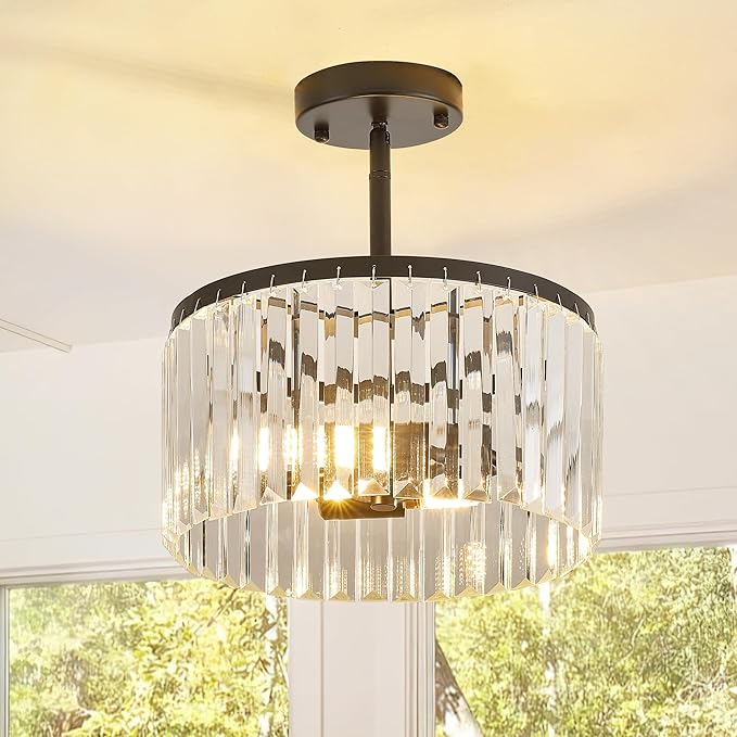 Modern 12" Black Semi Flush Mount Crystal Ceiling Light Fixtures for Dining Room Luxury Glam 2-Light Small Chandeliers Lighting for Bedroom Entryway Hallway Living Room Kitchen Island Foyer