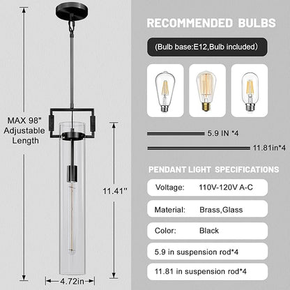 21.6'' Black Pendant Lights Kitchen Island, Modern Large Kitchen Pendant Lighting Over Island,Long Glass Pendant Light Fixtures for Dinning Room Bedroom Bathroom