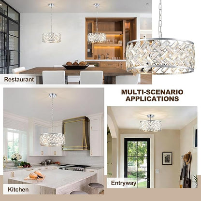 Chrome Crystal Chandelier, 4-Light Morden Dining Room Light Fixture,15.16" Round Semi Flush Mount Chandeliers for Kitchen Foryer Entryway Hallway Living Room Bedroom (ETL Listed)