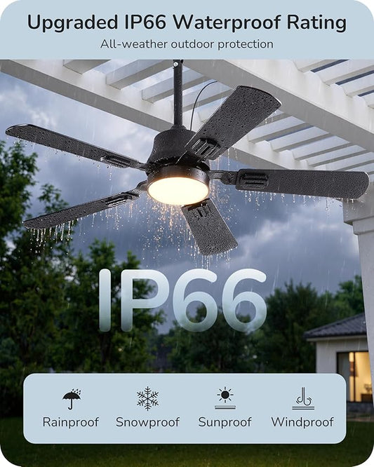 EDISHINE 42" Outdoor Ceiling Fan with Light, IP66 Waterproof Gazebo Hanging Fan, 4800 CFM, 3CCT, APP/Remote Control, 5 Wood Blade, 6-Speed Winds, Plug in Ceiling Fans for Patios Porch Pergola, Black