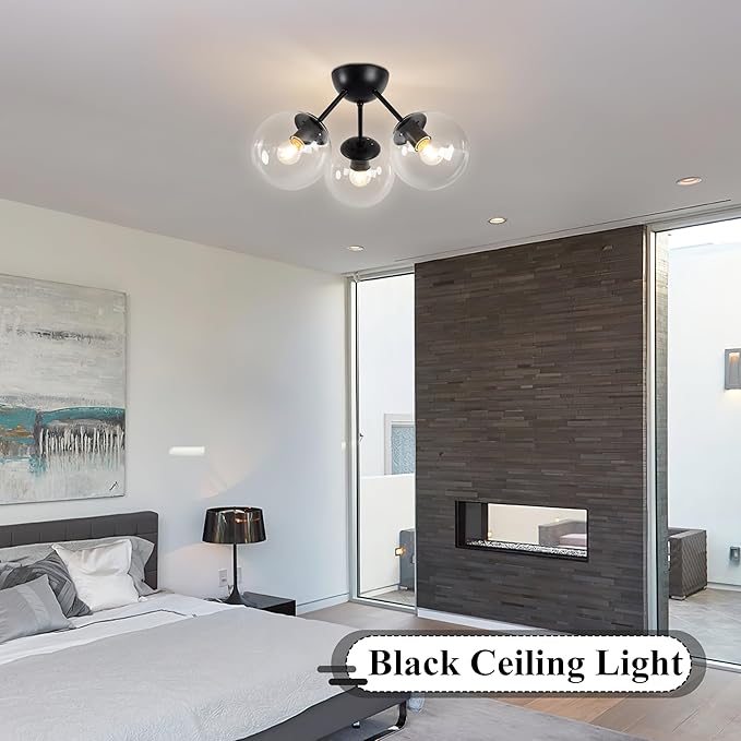 Bagood Mid-Century Modern Semi Flush Mount Ceiling Light 3 Lights Clear Glass Modern Globe Ceiling Light Matte Black Sputnik Chandeliers for Hallway Entryway Kitchen Bedroom Laundry(Bulb Incl.)