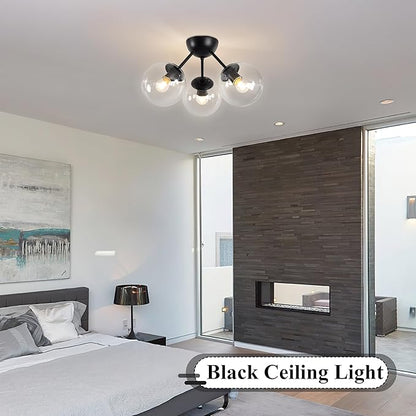 Bagood Mid-Century Modern Semi Flush Mount Ceiling Light 3 Lights Clear Glass Modern Globe Ceiling Light Matte Black Sputnik Chandeliers for Hallway Entryway Kitchen Bedroom Laundry(Bulb Incl.)