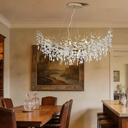 Modern Crystal Tree Branches Chandelier, 47.5in Gold 12 Lights Large Ceiling Hanging Light for Dining Room, Arc Raindrop Pendant Light Fixture