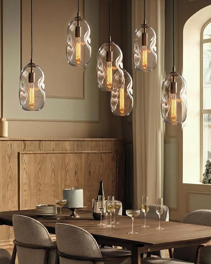 CASAMOTION Modern Pendant Lights Kitchen Island Large Gold Hanging Light Fixtures for Dining Table Blown Art Glass Clear Organic Globe Bedroom Foyer Entryway Hallway Lamp 12 Inch 1 Pack