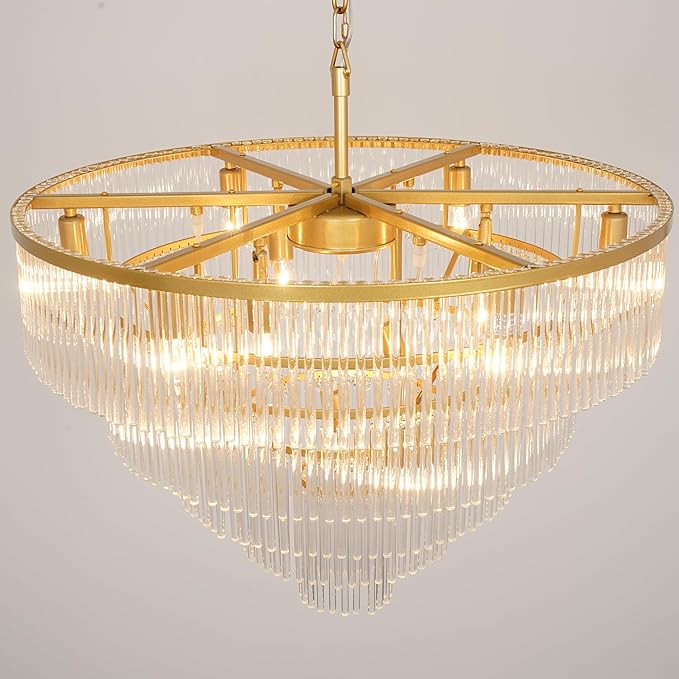 Modern Multi-Tier Crystal Chandelier 5-Tier Round Gold Finish Ceiling Light -Cylindrical Glass Rods -Dining Room Living Room Bedroom Entryway -Luxury Lighting Fixture 27.5''