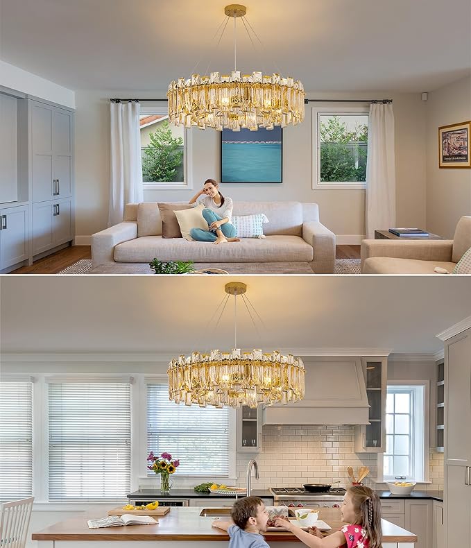 Modern Luxury K9 Crystal Chandelier 8-Lights Gold Round Pendant Light Easy Install Ceiling Hanging Light Fixture for Dining Living Room Kitchen Island Entryway Foyer D23.6