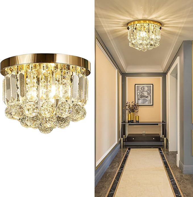Round Crystal Lamp Chandelier,Modern Gold G9 Ceiling Mount Fixture Dia.9.85" x H8.25 for Living Room Dining Room Hallway (3 Light) …