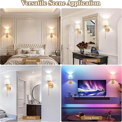 Battery Operated Wall Sconce Set of 2, Gold Rechargeable Wireless Wall Lights, with 5000mAh RGB Dimmable Bulbs and Remote, 15 Colors Wall Lamps Sconces Wall Decor for Bedroom Living Room Hallway