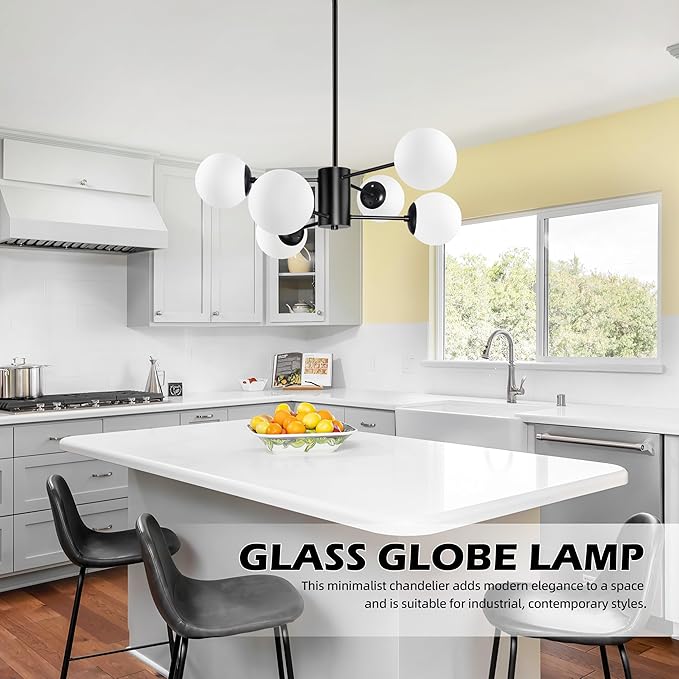 Bagood 6-Light Sputnik Chandelier Black Sputnik Chandeliers Modern Mid Century Globe Pendant Light Matte Black Finished with White Frosted Globe Glass Lampshade for Dining Room Bedroom Kitchen