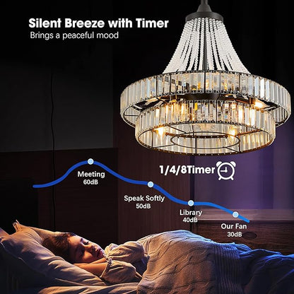 24“ Farmhouse Crystal Chandelier Ceiling Fan with Lights, Remote & App Control, 6-Speed Reversible Large Fandelier, Double Layer Design for Bedroom, Living Room (Black)
