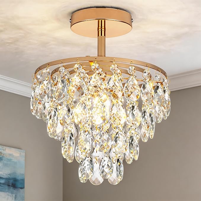 Mini Crystal Chandelier Small Modern Crystal Flush Mount Ceiling Light for Hallway Closet, E26 Base, K9 Crystal (Gold-Ceiling)