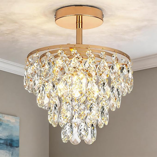 Mini Crystal Chandelier Small Modern Crystal Flush Mount Ceiling Light for Hallway Closet, E26 Base, K9 Crystal (Gold-Ceiling)