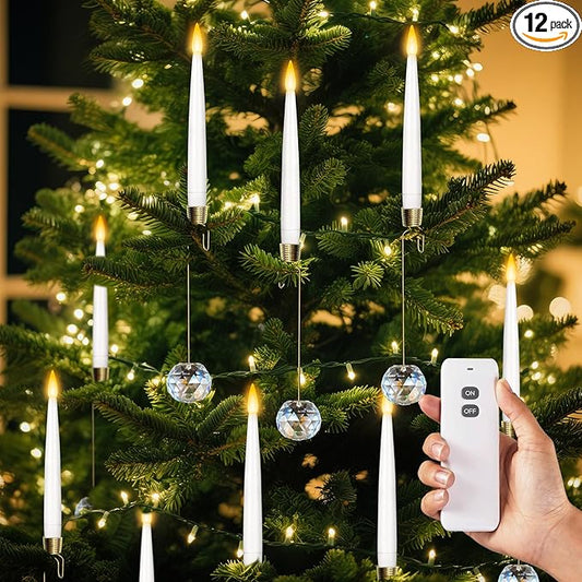 0.4" x6" LED Short Taper Candles with 12 Crystal Ball Hooks, 12 Pcs Flameless Christmas Tree Hanging Candles with Remote, Battery Operated Taper Candle for Xmas, Home, Indoor and Party