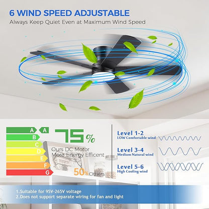 Ayaoty 52" Black Ceiling Fans with Lights and Remote - Flush Mount Fan Light with 5 Reversible Blades, 3CCT Dimmable, DC, Low Profile Ceiling Fan for Modern Indoor, Covered Outdoor