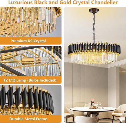 Black and Gold Crystal Chandelier Contemporary Large Crystals Chandeliers 30" with 6-Tier Sparkling K9 Crystals, Chandeliers for Dining Room Living Room Bedroom Foyer