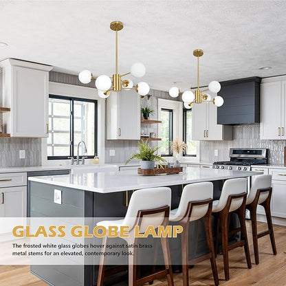 Bagood 6-Light Globe Sputnik Chandelier Milk Glass Modern Gold Chandelier Light Fixture Mid Century Sputnik Chandeliers Pendant Light Frosted Globe Adjustable Hanging Ceiling Light for Entryway