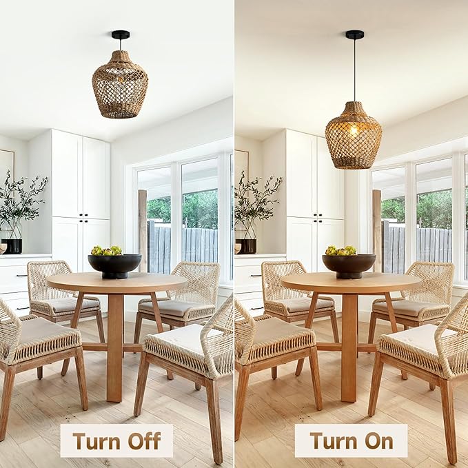 Brown Rattan Pendant Lights Kitchen Island 11.8in Boho Wicker Light Fixture Farmhouse Woven Chandelier Rustic Hanging Lighting for Bedroom Dining Room Restaurant Entryway Hallway Bar