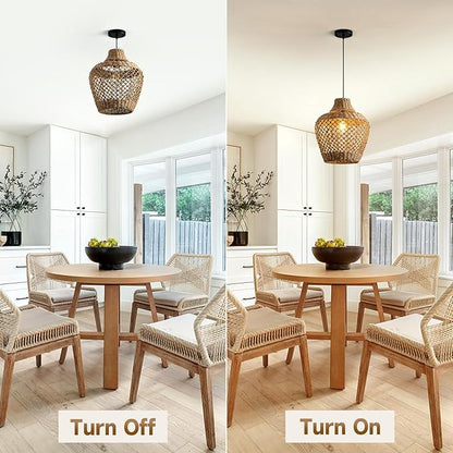 Brown Rattan Pendant Lights Kitchen Island 11.8in Boho Wicker Light Fixture Farmhouse Woven Chandelier Rustic Hanging Lighting for Bedroom Dining Room Restaurant Entryway Hallway Bar