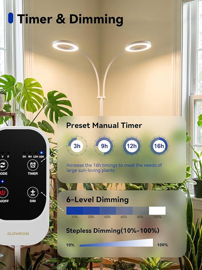 GLOWRIUM Grow Lights for Indoor Plants, 36W Full Spectrum 2-Head LED Plant Light with Stand, Adjustable Height, 3/9/12H Timer, 6 Dimmable Levels & 3 Lighting Modes (White-Double Head)