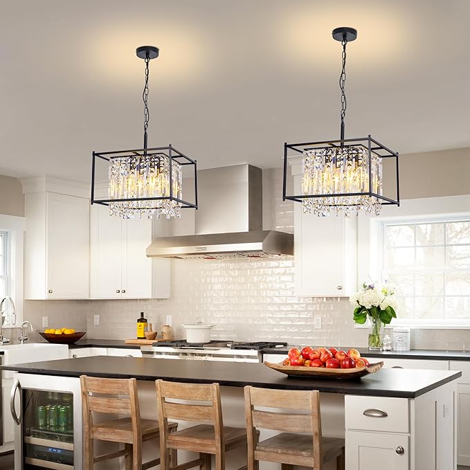 Modern Black Crystal Chandeliers, 16" Dining Room Chandelier, Adjustable Height,Luxury Ceiling Pendant Light Fixture for Entryway Foyer Kitchen Island Bedroom Living Room Hallway