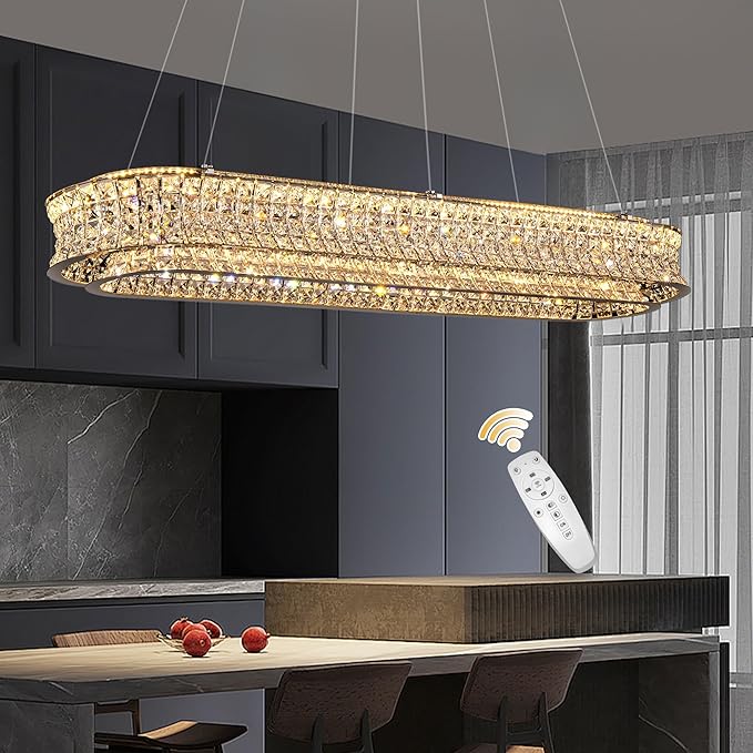47" LED Rectangle Chrome Crystal Chandeliers for Dining Room, Luxury, Rectangular Modern Crystal Oval Kitchen Chandelier, Dimmable LED with Remote, for Dining Room, Kitchen Island