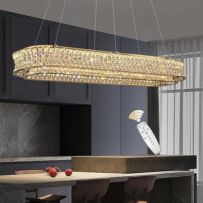 47" LED Rectangle Chrome Crystal Chandeliers for Dining Room, Luxury, Rectangular Modern Crystal Oval Kitchen Chandelier, Dimmable LED with Remote, for Dining Room, Kitchen Island