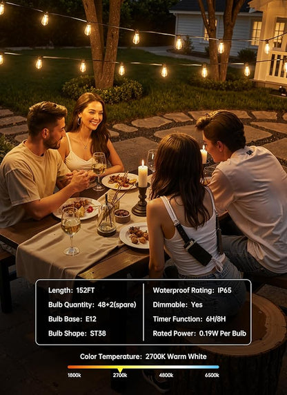 Minetom 152FT Outdoor String Lights with Remote, 48+2 Shatterproof ST38 LED Bulbs, Waterproof Patio Lights with 3 Modes, Dimmable & Connectable 2700K Hanging Lights for Backyard Porch Deck Balcony