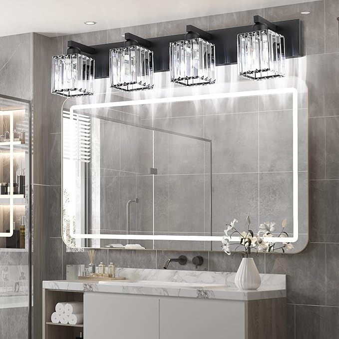 Aipsun Black Light Fixtures Bathroom Vanity Light Crystal Modern Vanity Light for Bathroom 4 Light (Exclude Bulb)