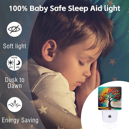Colorful Life Tree Night Light Plug into Wall, Abstract Modern Artwork Oil Painting Dusk to Dawn Night Light Plug in,0.5w Energy Saving Sleep Friendly NightLight for Kids Boys Girls Home Decor