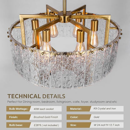 Gold Crystal Chandeliers for Dining Room, 24" Modern Drum Chandelier,Water Ripple Glass, Adjustable Height, Pendant Dining Room Light Fixture for Kitchen Island Hallway Entryway Foyer