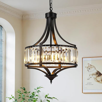 CNRATYE 16" Modern Black Crystal Chandelier, 4-Light Farmhouse Dining Room Light Fixtures Over Table Hanging, Antique Round Pendant Lights Kitchen Island Entryway Bedroom Office Stairwell Hallway