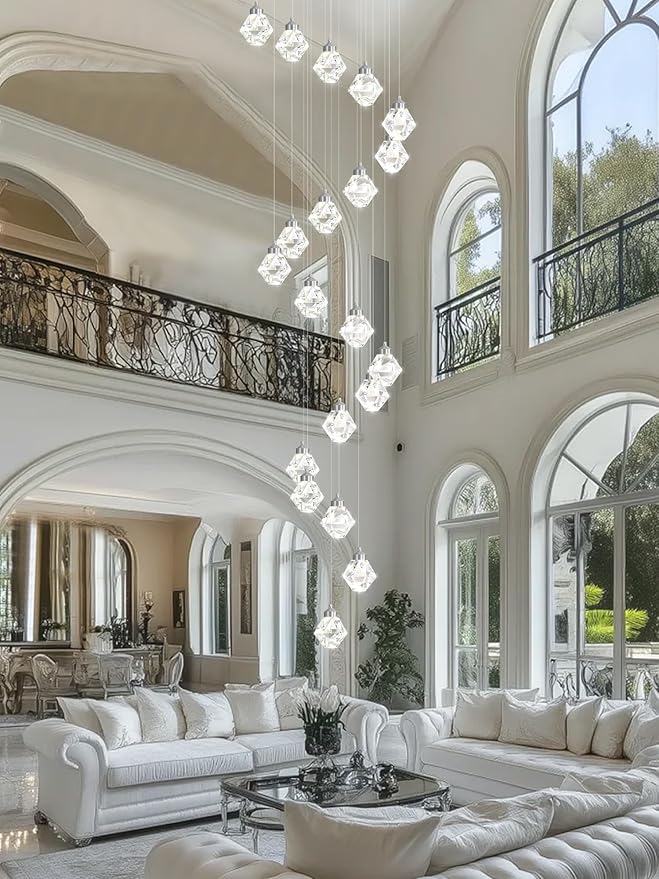 H142in Modern Crystal Chandeliers Large Chandeliers for High Ceiling Chrome Pendant Light Fixture 26-Lights Large Pendant Light for Staircase Living Room Hallway Entryway