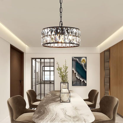 Modern Black Crystal Pendant Light 4-Light,Crystal Small Chandelier,12-Inch Small Round Semi Flush Mount Ceiling Light for Kitchen Island & Entryway