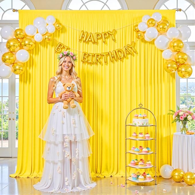 10ft x 10ft Yellow Backdrop Curtain for Parties Yellow Wrinkle Free Backdrop Drapes Panels for Birthday Party Baby Shower Wedding Photo Photography Polyester Fabric Background Decoration