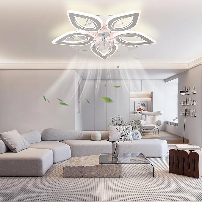 Ceiling Fans with Lights 20" Low Profile Flush Mount Fandelier Fan Lights Ceiling Fixtures with Remote/APP Control Dimmable 6 Speeds Reversible for Bedroom Chandelier Fan Living Room Kitchen