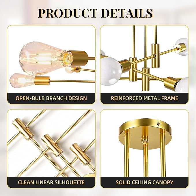 6-Light Sputnik Chandelier Gold, Mid-Century Modern Ceiling Light Fixture for Dining Room, Kitchen, Living Room, Bedroom
