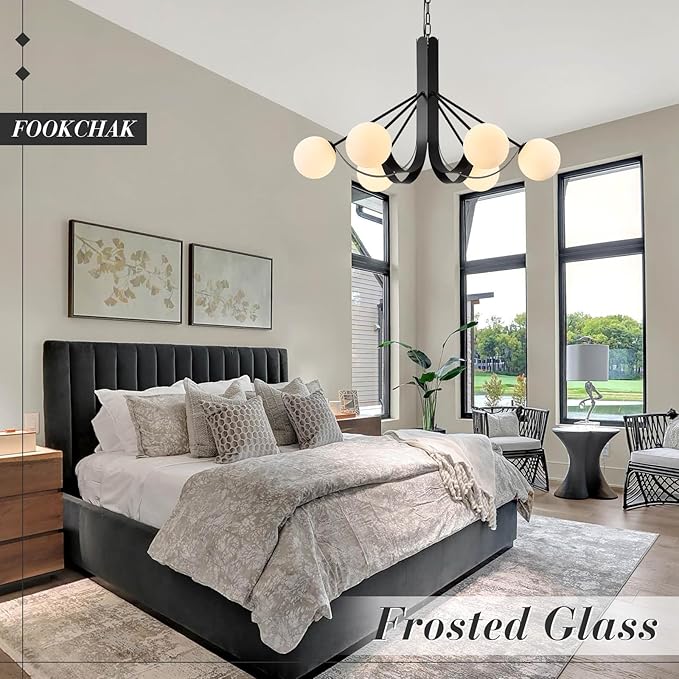 Modern Living Room Chandelier with Chain 33in Frosted Glass Kitchen Chandeliers Sputnik Black Dining Table Light Fixture 6 Light Mid-Century Chandeliers Light for Bedroom Entry Foyer