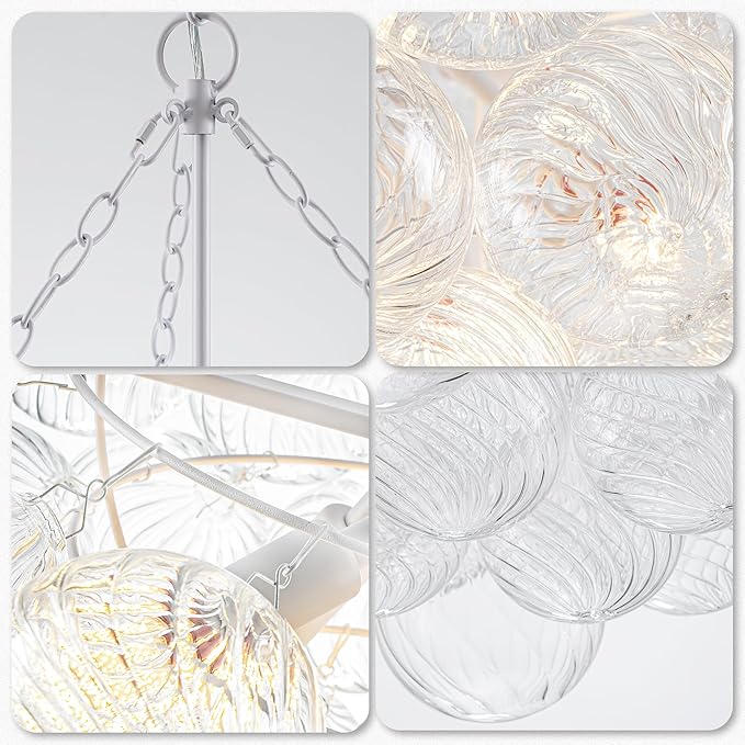 Hand Blown Glass Bubble Ball Chandelier White Finish 32" Pendant Light Fixture Art Deco Cluster Ribbed Glass Swirled Globe Lighting for Bedroom Dining Room Restaurant Bathroom Entry